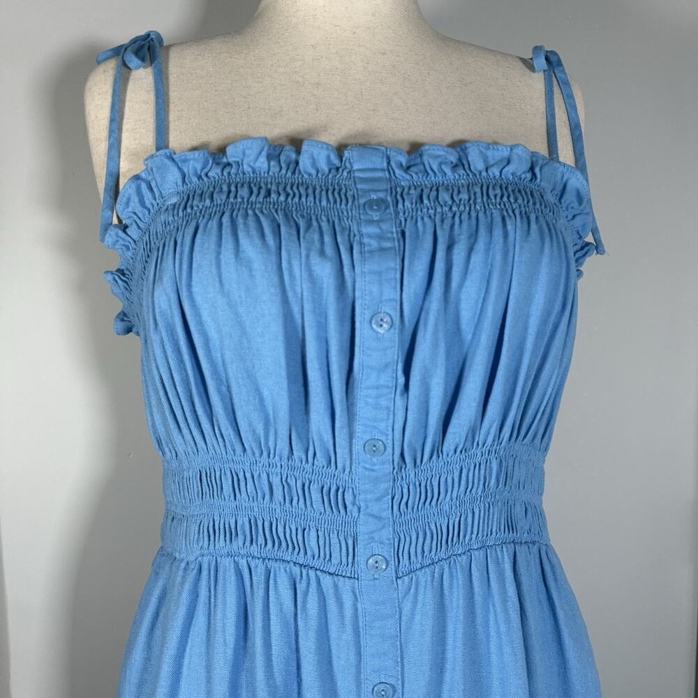 Blue Smocked Midi Dress Faux Button Front Linen Blend Boho Coastal Minimalist XL - Picture 4 of 15